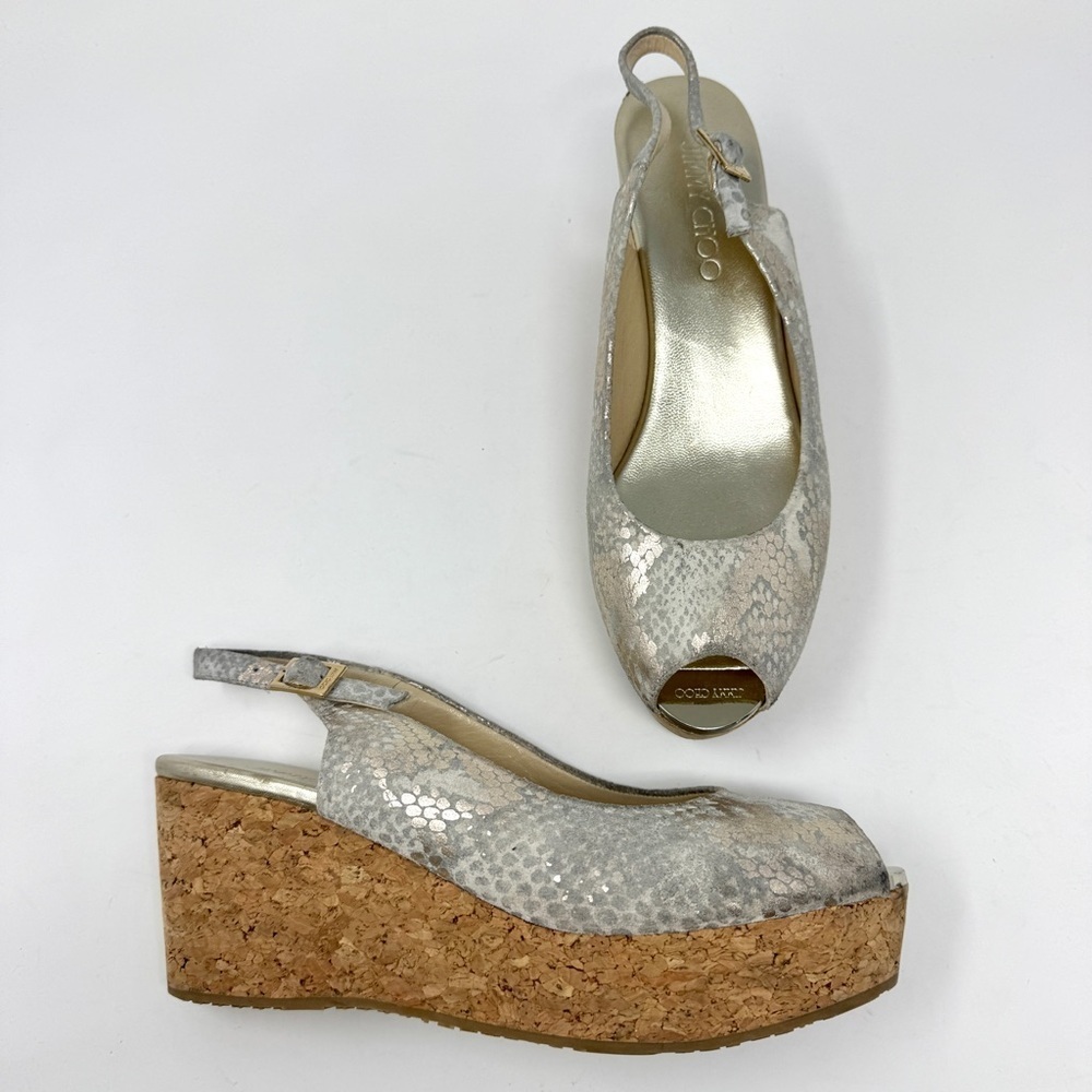JIMMY CHOO Wedge Platform Sandals Suede Animal Print Slingback - Picture 5 of 15